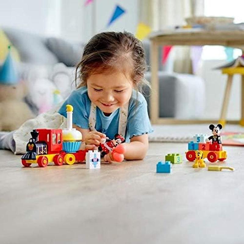 LEGO 10941 DUPLO Disney Mickey en Minnie verjaardagstrein, speelgoedtrein met taart en ballonnen, cadeau voor kinderen vanaf 2 jaar Bouwsets Besuche den LEGO-Store