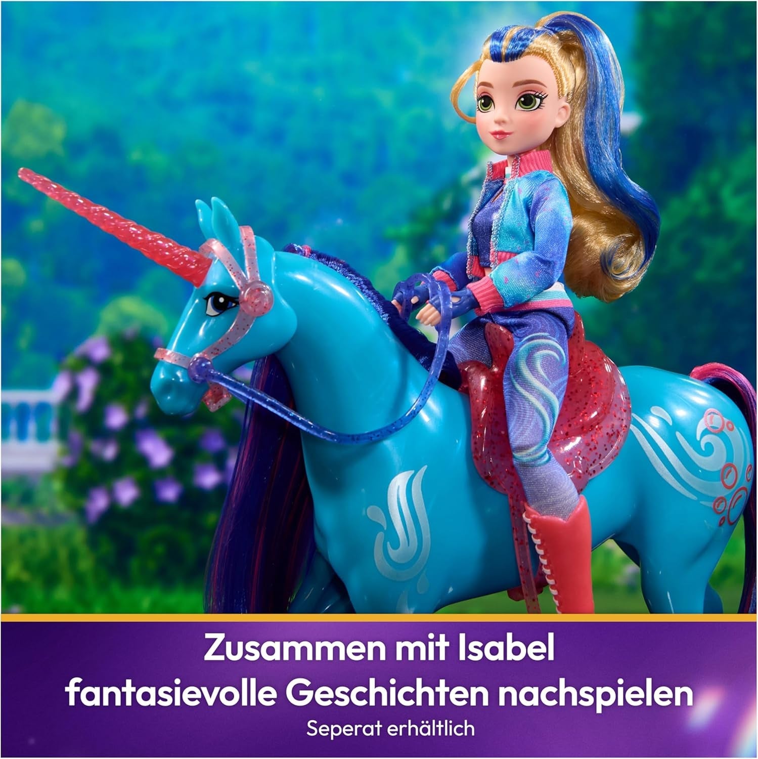 Unicorn River Unicorn Academy - 28cm hoge, originele Isabel eenhoorn uit de Netflix serie, met echte manen en staart, afneembaar hoofdstel en zadel en borstel, voor kinderen vanaf 4 jaar