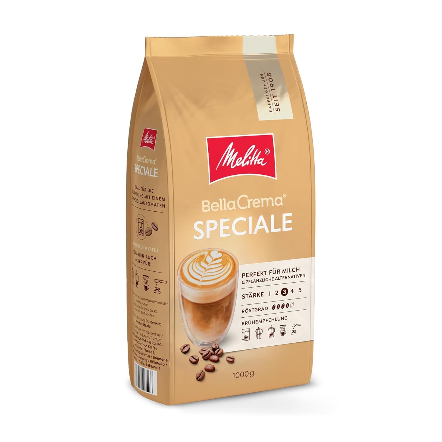 Melitta BellaCrema Speciale Ganze Kaffee-Bohnen 1kg, ungemahlen, Kaffeebohnen für Kaffee-Volautomat, medium Röstung, geröstet in Deutschland, Stärke 3