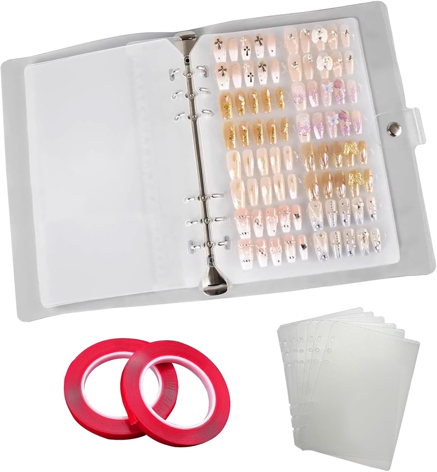 A5 nagelorganizerset met nietjessluiting en verwijderbare vellen - Stevige doorzichtige doos + 6 zelfklevende pads en afneembaar kunst-/klevend nagelopbergboek - Ideaal voor opslag, presentatie