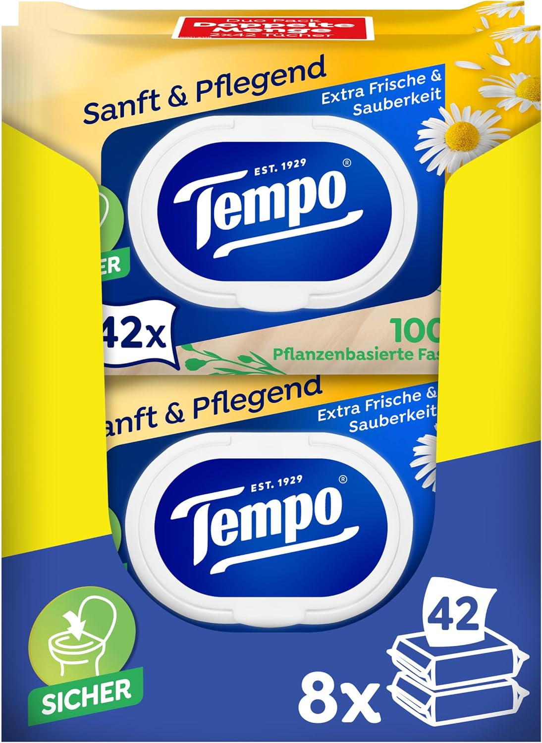 Tempo toiletdoekjes "Gentle & Caring" - Megapack - 16 pakjes van 42 doekjes - Duo Packs - met natuurlijke kamille - toiletpapier, dermatologisch getest en neutraal voor de huidph