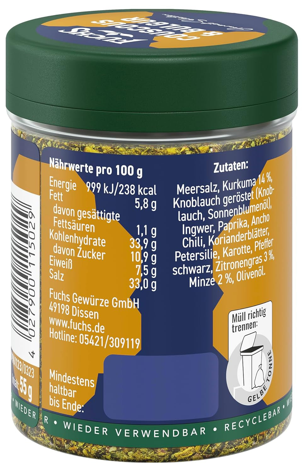 Fuchs Kruiden Gourmet Selectie Midden-Oosten/Afrika - Couscous en Bulgur Kruidenmix Hervulbare Kruidenmix voor het kruiden van Bulgur Gerechten Vegan 55g