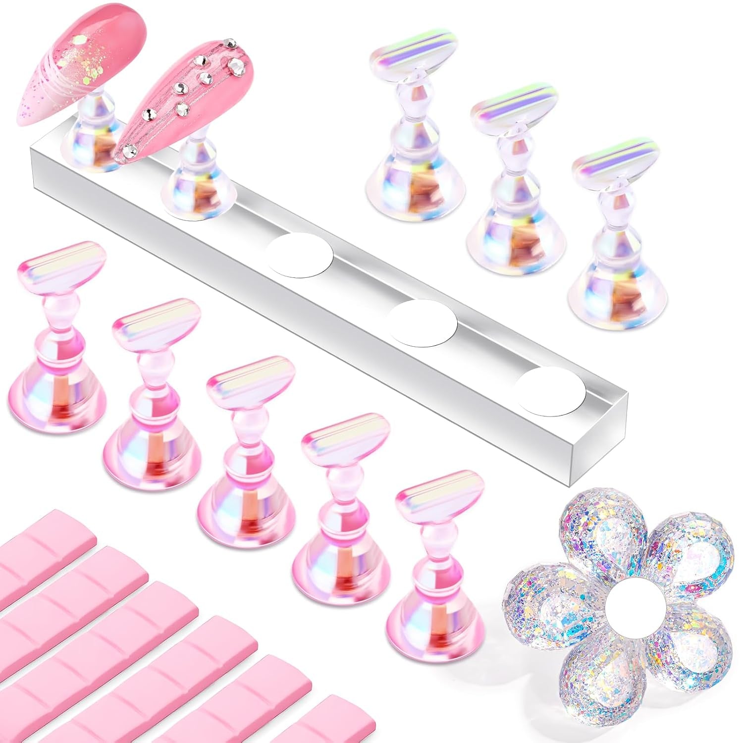 Makartt acryl nagelhouder, magnetische nagelhouder, nagelhouder, transparant roze nagelhouder met 48 zelfklevende stopverf