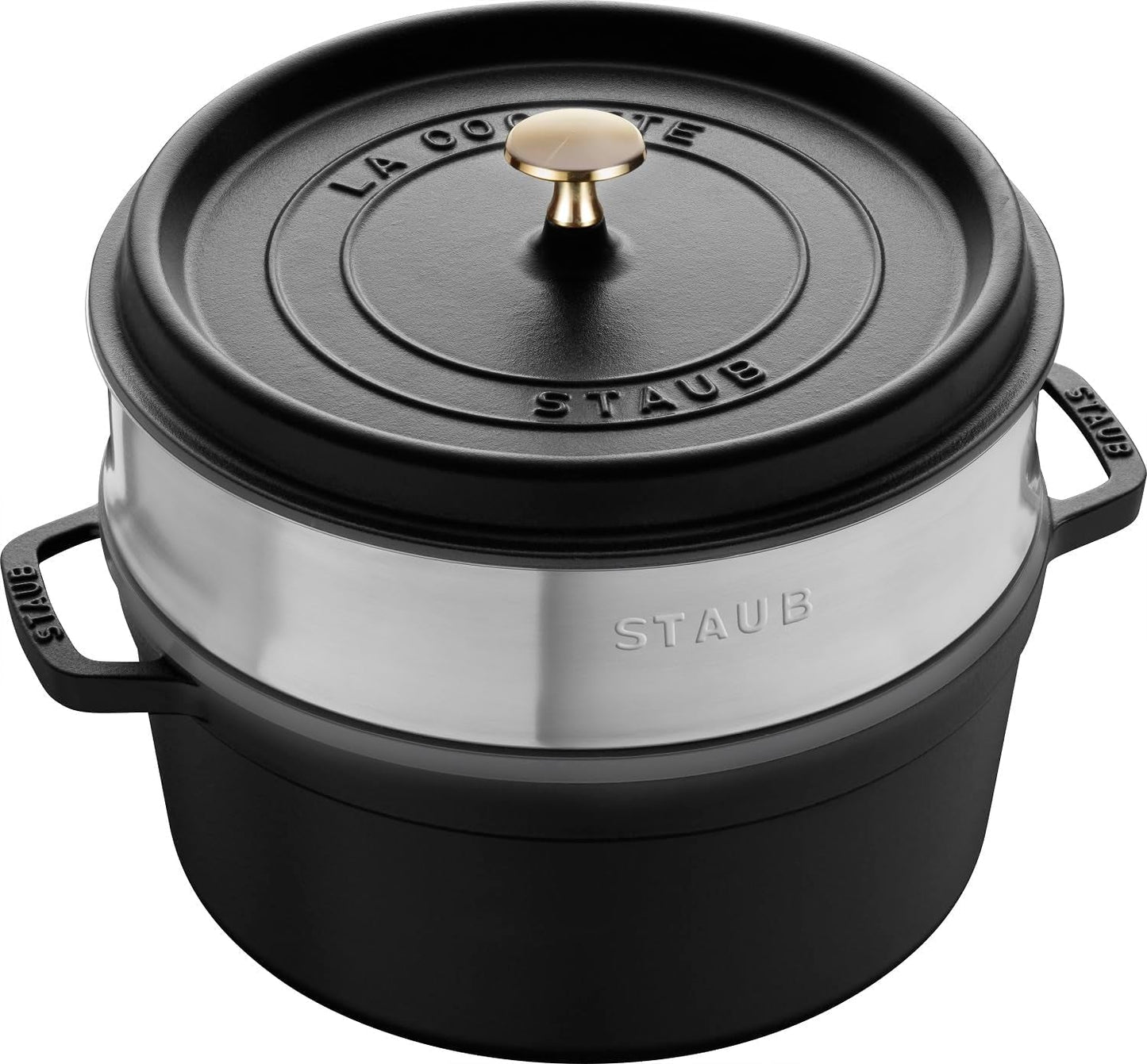 STAUB Gusseisen Bräter/Cocotte, Mit Dämpfeinsatz Aus Edelstahl, Rund 26 Cm, 5,2 L, Aromaregen-functie voor optimale werking, voor alle herdarten Inkl. Induktion & Backofen, Kirschrot, Rot Vormen en bakplaten Naty Shop Schwarz