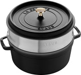 STAUB Gusseisen Bräter/Cocotte, Mit Dämpfeinsatz Aus Edelstahl, Rund 26 Cm, 5,2 L, Aromaregen-functie voor optimale werking, voor alle herdarten Inkl. Induktion & Backofen, Kirschrot, Rot Vormen en bakplaten Naty Shop Schwarz