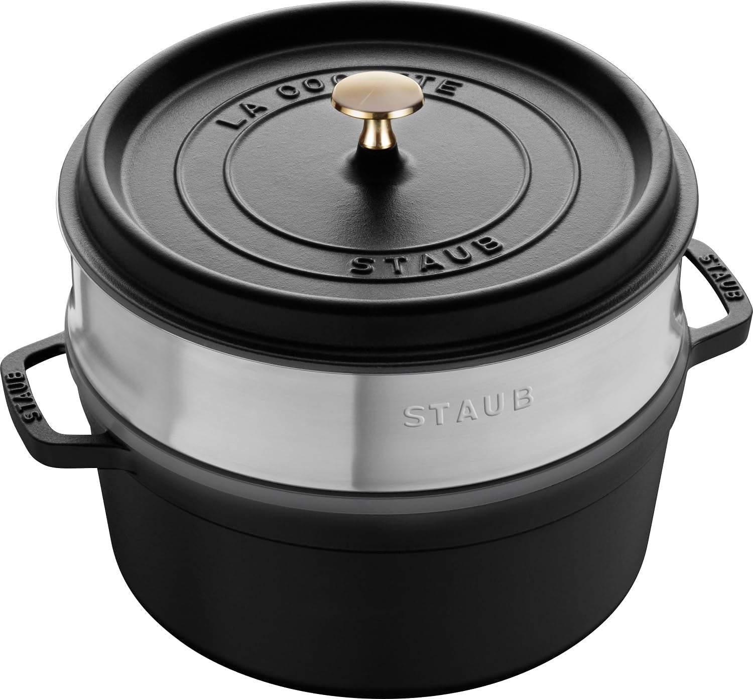 STAUB Gusseisen Bräter/Cocotte, Mit Dämpfeinsatz Aus Edelstahl, Rund 26 Cm, 5,2 L, Aromaregen-functie voor optimale werking, voor alle herdarten Inkl. Induktion & Backofen, Kirschrot, Rot Vormen en bakplaten Naty Shop Schwarz