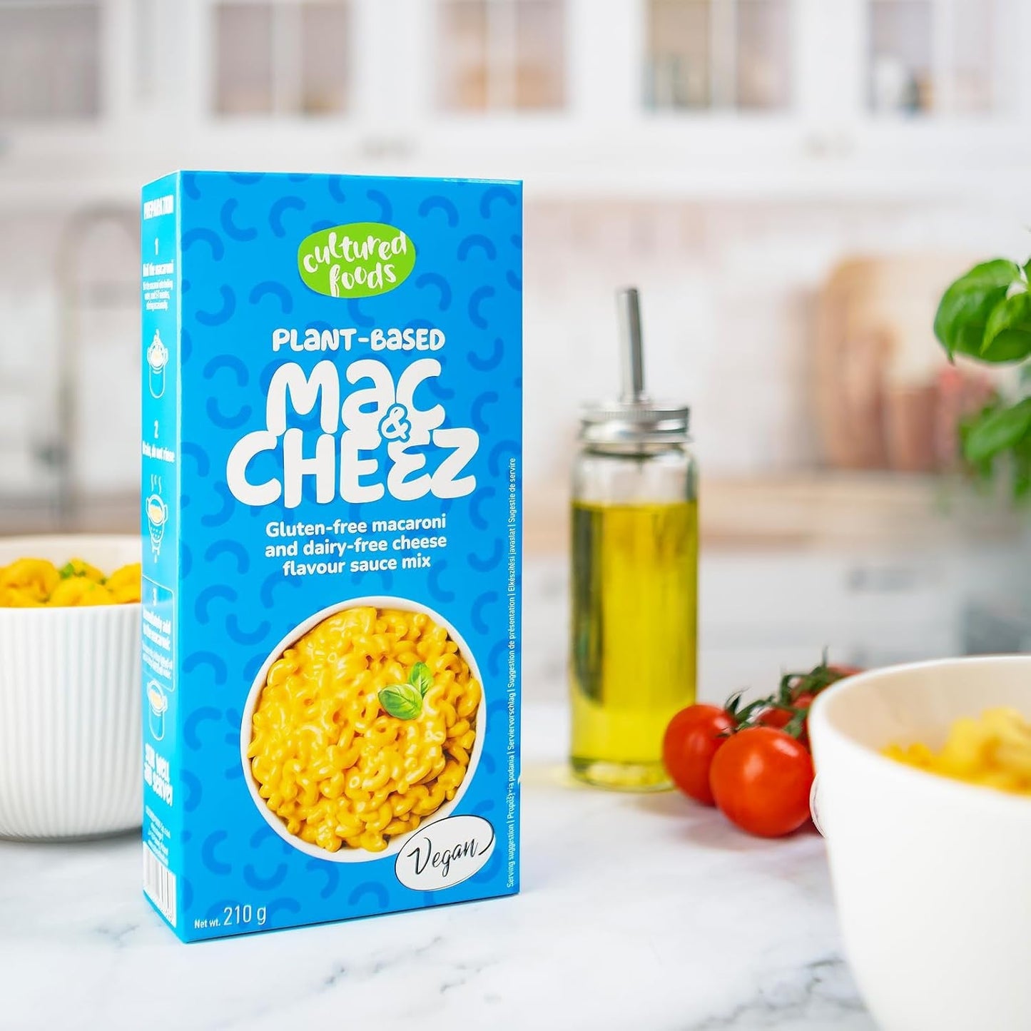 Gekweekte voedingsmiddelen Veganistische 3-delige set Veganistische Mac en Kaas, Goudse saus, Cheddarsaus, Laktosefrei Glutenfrei MAC & CHEEZ CHEATCHEEZ