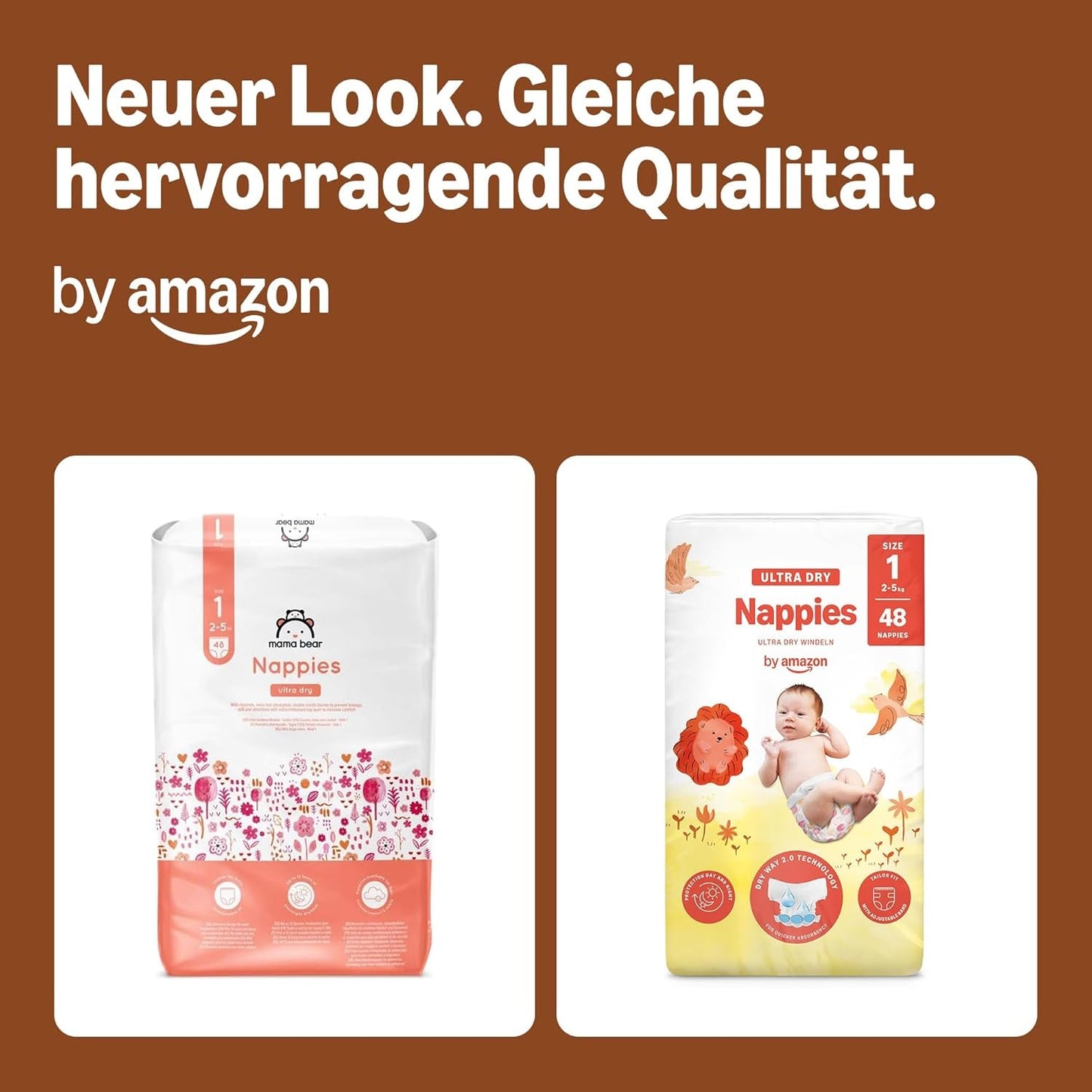 Amazon Ultra Dry-luiers, maat 1 (2-5 kg) - maanddoos, wit, 96 stuks (2 verpakkingen van 48) (voorheen merk Mama Bear, identiek product)