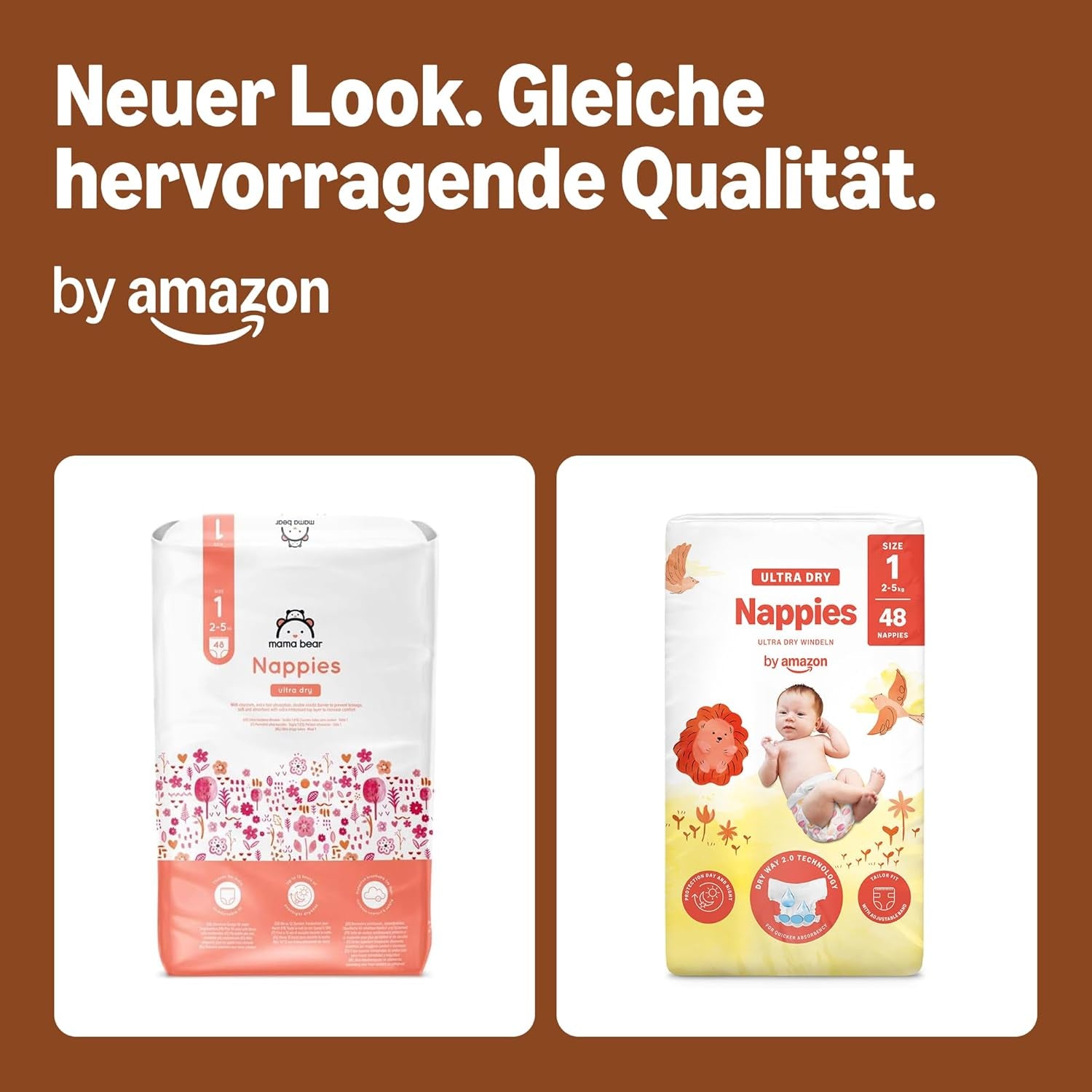Amazon Ultra Dry-luiers, maat 1 (2-5 kg) - maanddoos, wit, 96 stuks (2 verpakkingen van 48) (voorheen merk Mama Bear, identiek product)
