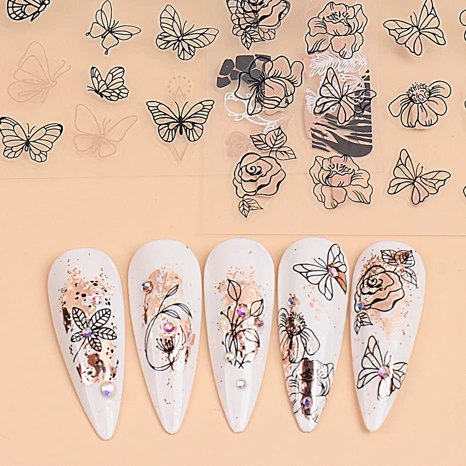 JMEOWIO Nagelsticker Rose Gold Schwarze Blume 12 Blatt Nail Art Sticker Selbstklebend Nagelaufkleber Frühlings Linie Abstracts Blatt Decoratie Nageldesign Zubehör