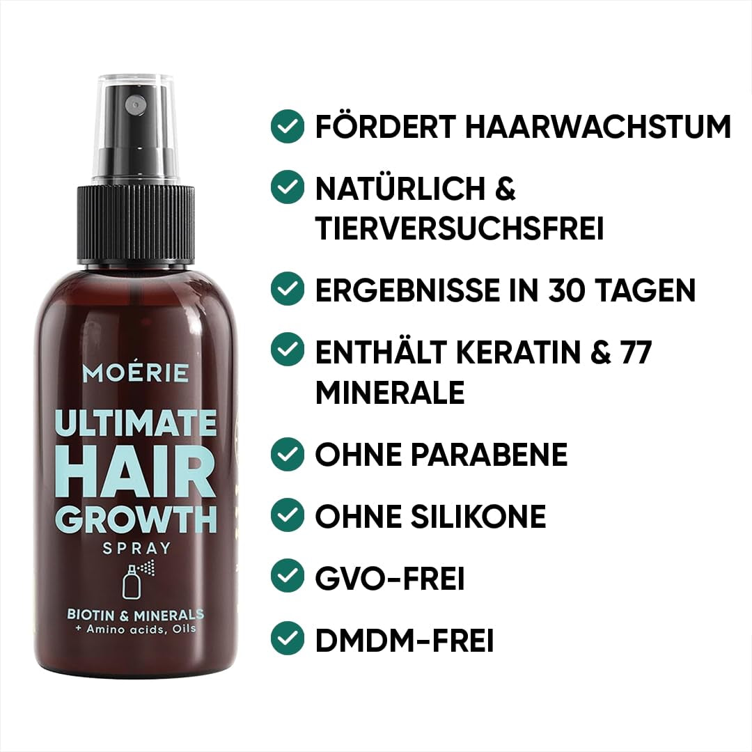 MOÉRIE Ultieme minerale haargroeispray voor langer, dikker en voller haar - met biotine en cafeïne - Veganistische haarproducten, vrij van parabenen, alle haartypes, keert haaruitval om - 2 maanden voorraad Haarverzorging Naty Shop
