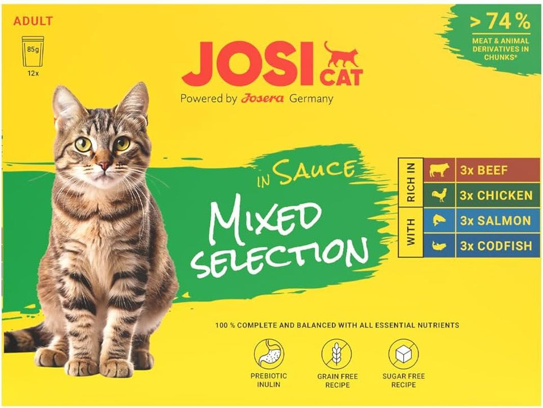 Multipack Gemengde Selectie in Saus (12 x 85 g) | Volwassene | Premium natvoer in saus voor volwassen katten Multipack mythe 4 Sorten | Ohne Konservierungsmittel | 12 pakjes