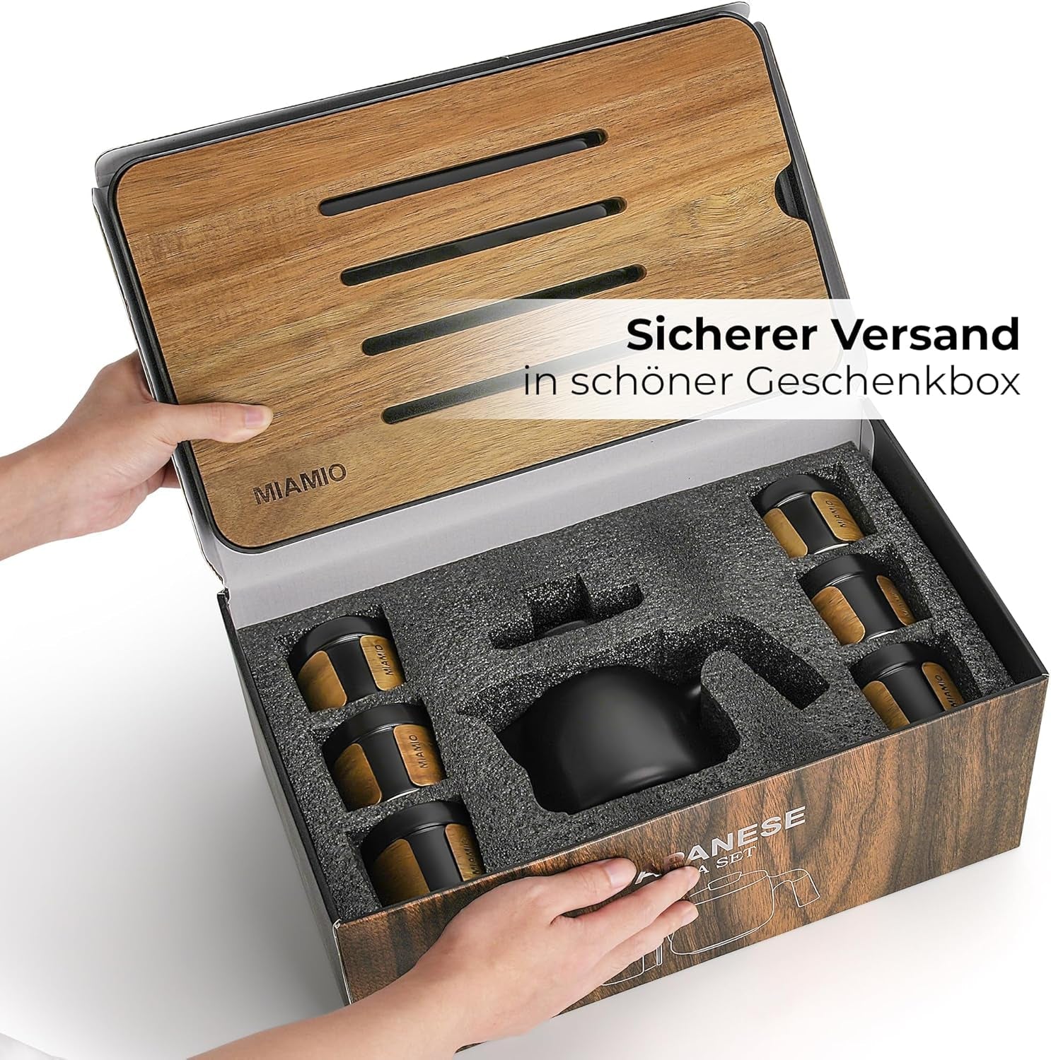MIAMIO - Japans/Chinees theeservies 6 x 100 ml / Aziatische theepot 620 ml met thee-ei, traditionele Japanse theepotset voor theeliefhebbers/mannen/vrouwen (zwart)