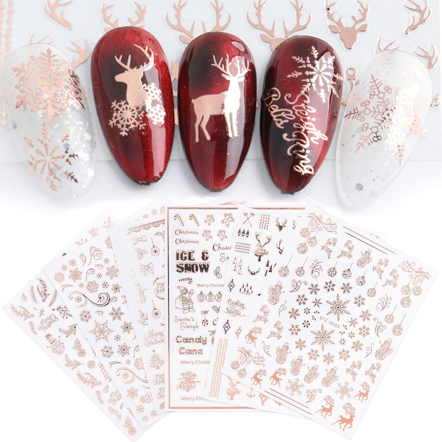 9 Blatt Nagelsticker Weihnachten Nagelaufkleber Selbstklebend Weiß Rentier Schneemann Nail Art Sticker Decoratie Nageldesign Zubehör
