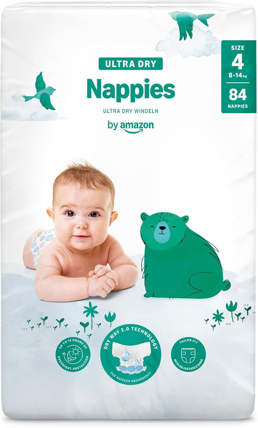 Amazon Ultra Dry Luiers, maat 3 (4-9kg) - Maanddoos, Wit, 172 stuks (2 verpakkingen van 86) (Voorheen Mama Bear, identiek product)