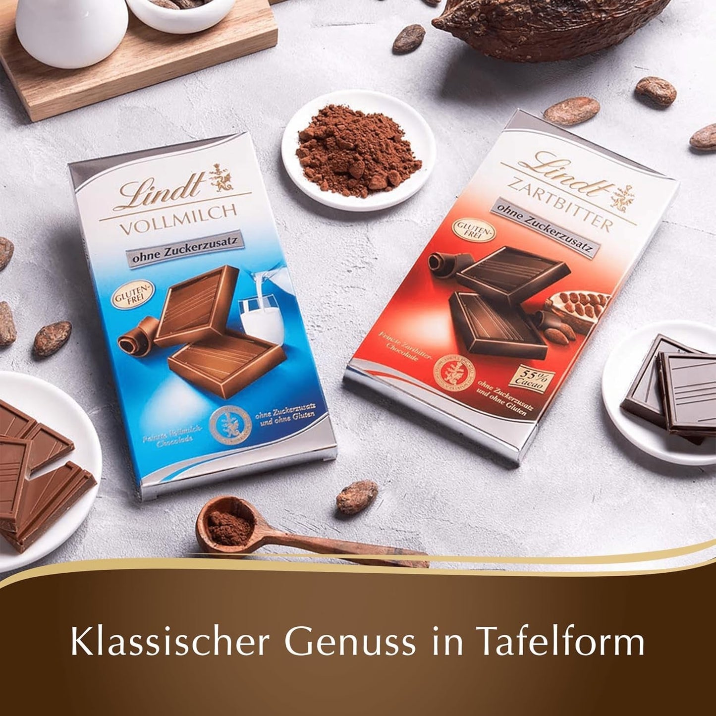 Lindt-chocolade | Reep pure chocolade zonder toegevoegde suiker | 100g | De fijnste pure chocolade met 55% cacao, zonder toegevoegde suikers en zonder gluten | Glutenvrije chocoladereep