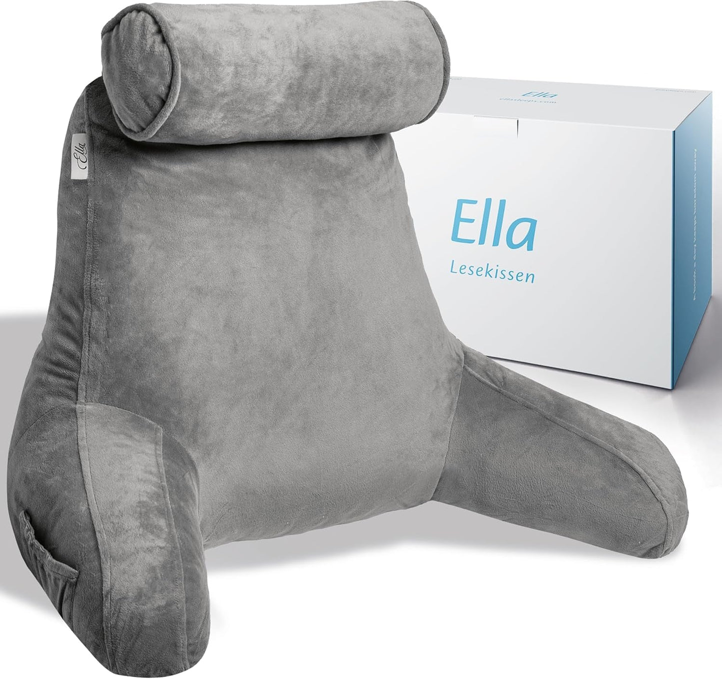 Ella Leeskussen voor bed en bank met afneembare nekrol - Rugkussen voor bed - Memory Foam Leeskussen met armleuningen, Ideaal om te lezen, TV te kijken, te ontspannen of als rugsteun - Grijs