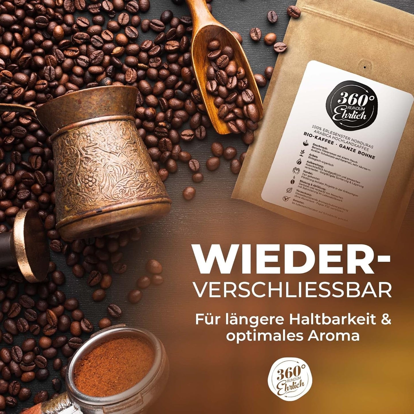 Premium Bio Kaffeebohnen 1000g, 100% Honduras Hochland Arabica Kaffeebohnen Bio - Köstlich, mild, säurearm - Bio Kaffee ganze Bohnen - Ideaal als Kaffeebohnen Vollaautomat - 360° Rundum Ehrlich