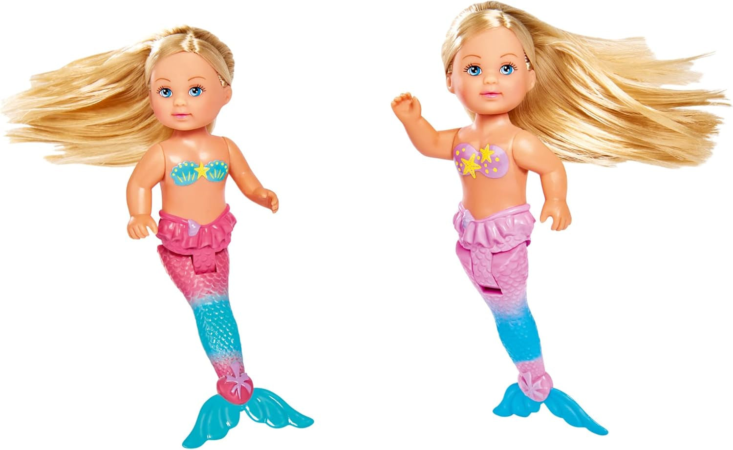 Simba 105733424 - Evi houdt van de kleine zeemeermin, op 2 manieren gesorteerd, er wordt slechts ÉÉN item geleverd, Evi als zeemeermin, beweegbare staartvin, met zeepaardje, modepop van 12 cm, vanaf 3 jaar