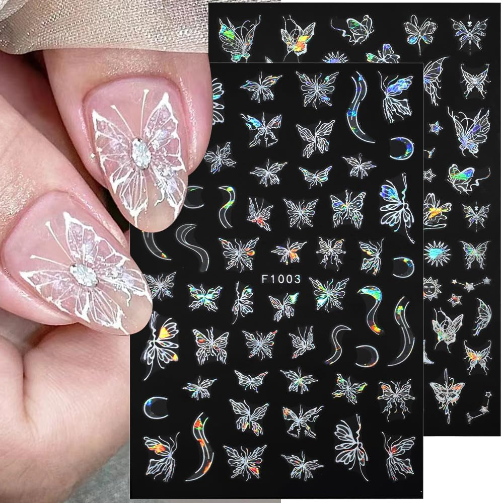 4 Blätter Holographisch Laser Wit Schmetterling Nagelsticker,Y2K Aurora Schmetterlinge Stern Nail Sticker 3D Flamme Herz Nageldesign Nagelsticker Selbstklebend Nagel Sticker Nagel Zubehör Nail Art