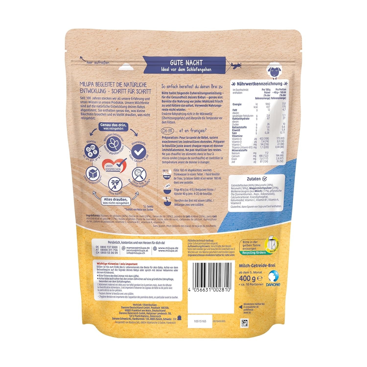 Melkpap Milupa Gentle Start - Granen voor baby's zonder gluten, zonder palmolie - Zonder bewaarmiddelen en kleurstoffen - Vanaf 5 maanden - 4 x 400 g