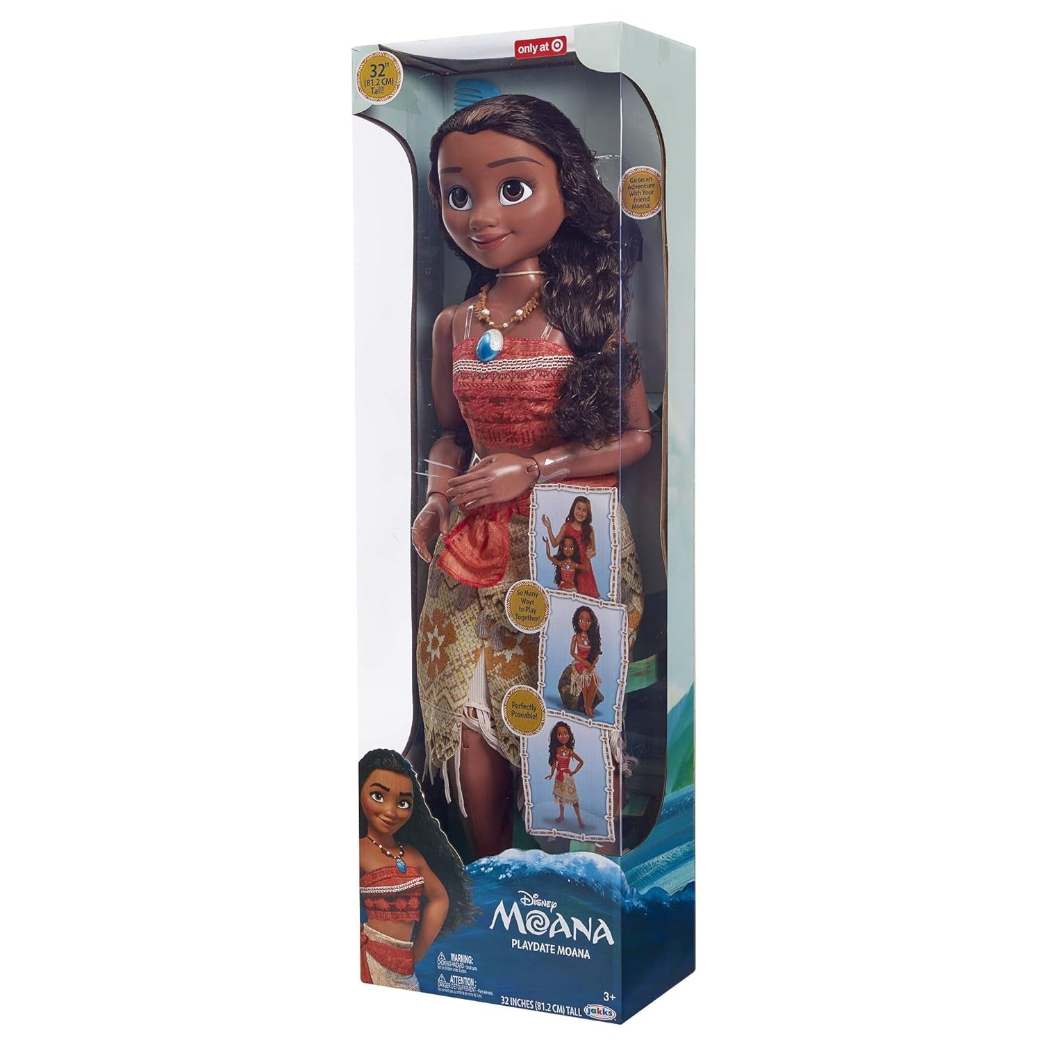 Disney Princess Moana 80 cm speelpop van Jakks Pacific Beweegbare pop met borstel om haar golvende krullen te kammen Filmgeïnspireerde jurk Afneembare ketting met hanger Poppen Naty Shop