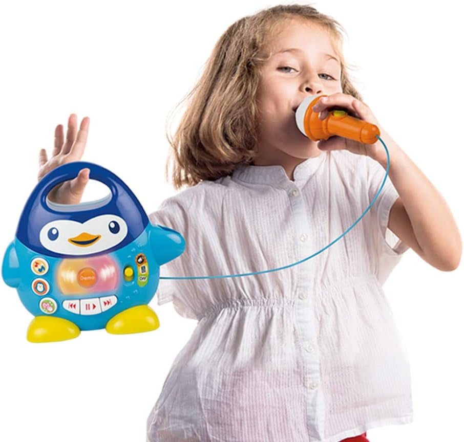 WinFun karaoke-muziekspeler, pinguïn-design, met zwaailichten en echo-effecten, in blauw, speelse stijl, USB-aansluiting Babyspeelgoed Naty Shop