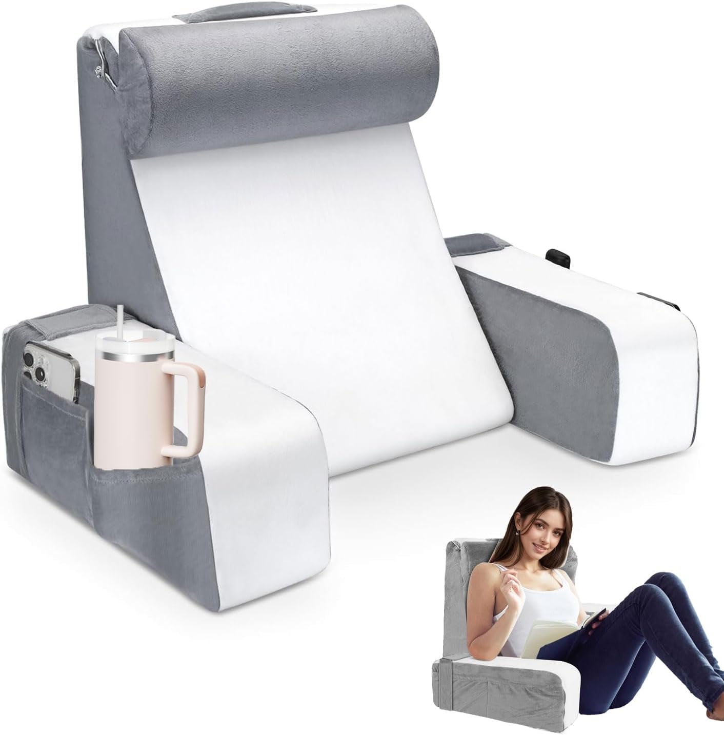 Groot leeskussen voor bed en bank, rugkussen voor volwassenen met neksteun en armleuningen, ergonomisch rugkussen met zak en wasbare hoes om uit te rusten, lezen, tv kijken (WH)