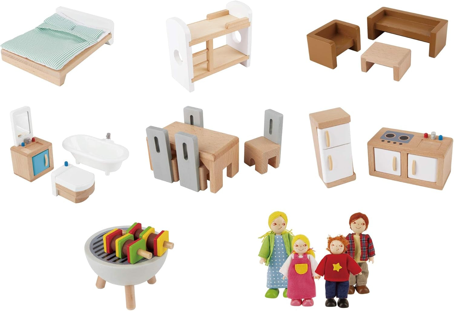 E3405 - Poppenhuis, poppenhuis met accessoires, houten en E3475 - Poppenhuisaccessoires, gezinsauto