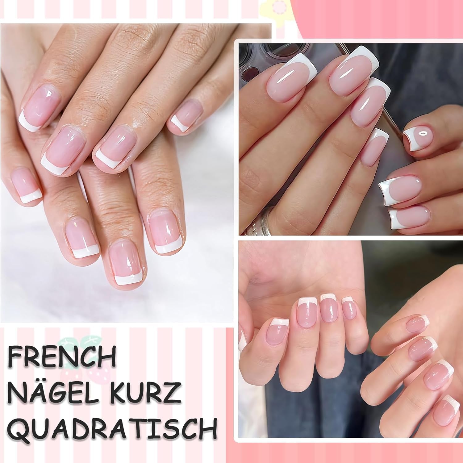 Lichtroze zelfklevende Franse nagels - 32 stuks lijm op Franse nagels - vierkante korte kunstnagels - ademende lijm op kunstnagels - volledige dekking kunstnagels voor dames (lichtroze)