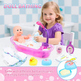 deAO poppenbadset, interactieve pop van 33 cm, poppenbad, poppenspeelset met fopspeen, poppenkleding, badjas, poppenluiers, badkuip en functionele douchespray