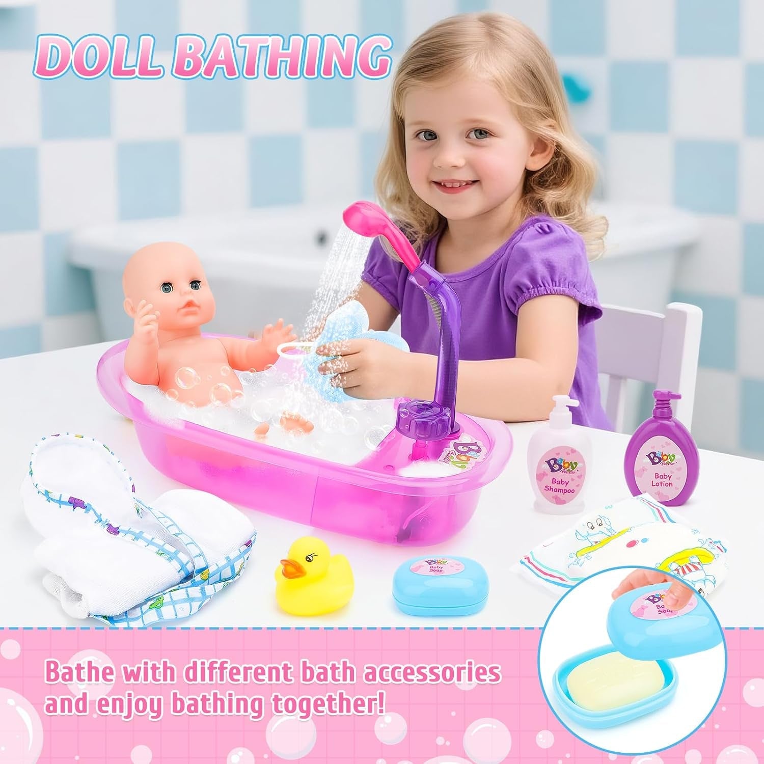deAO poppenbadset, interactieve pop van 33 cm, poppenbad, poppenspeelset met fopspeen, poppenkleding, badjas, poppenluiers, badkuip en functionele douchespray