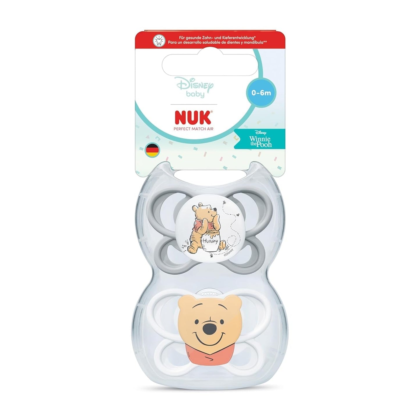 NUK Perfect Match luchtfopspenen voor baby's | 0-6 maanden | Orthodontische fopspenen die de luchtcirculatie bevorderen en huiduitslag door speeksel voorkomen | 95% acceptatie door baby's** | Disney Winnie de Poeh | Pak van 2