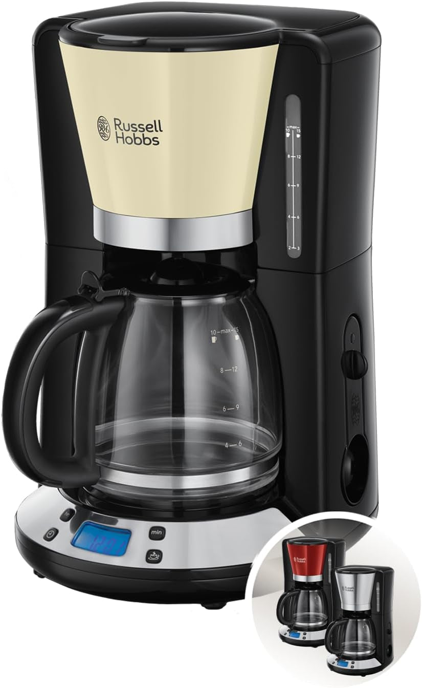 Russell Hobbs koffiezetapparaat [digitale timer, douchekop voor optimale extractie en aroma] Colors+ Creme (1 tot 10 kopjes, glazen karaf van 1,25 liter, verwarmingsplaat, 1100 W) Filterkoffiezetapparaat 24033-56