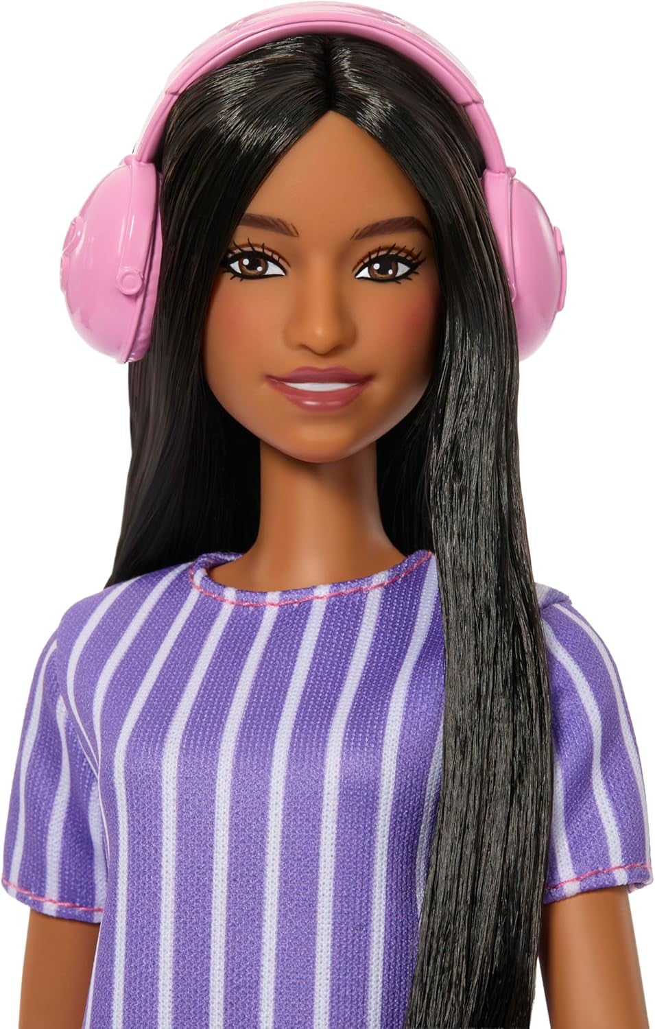Barbie Fashionistas pop nr. 245, autistische pop met paars gestreepte jurk en accessoires zoals fidgetspinner, tablet en koptelefoon, JJN58