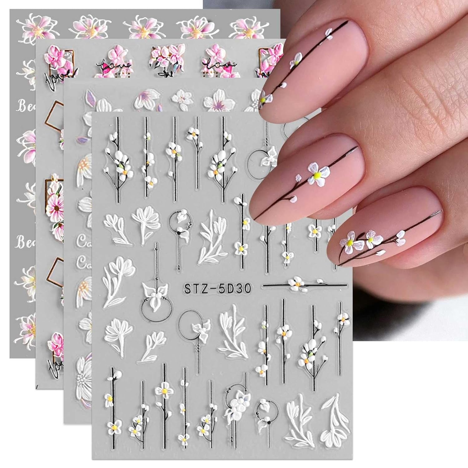 JMEOWIO 3D Nagelsticker Frühling Blume Nail Art Sticker Selbstklebend Nagelaufkleber 5D Stereoskopisch Blumen Decoratie Nageldesign Zubehör 4 Blatt