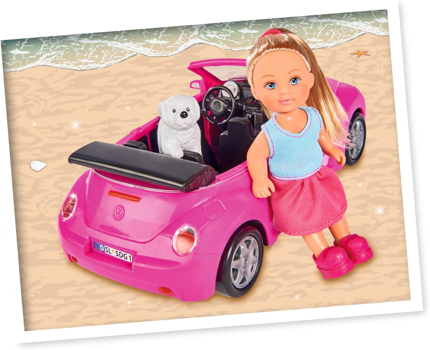 Simba 105731539 - Evi Love Beetle Evi's, Evi met auto, auto: 22 cm, met hond, modepop, 12 cm, voor kinderen vanaf 3 jaar