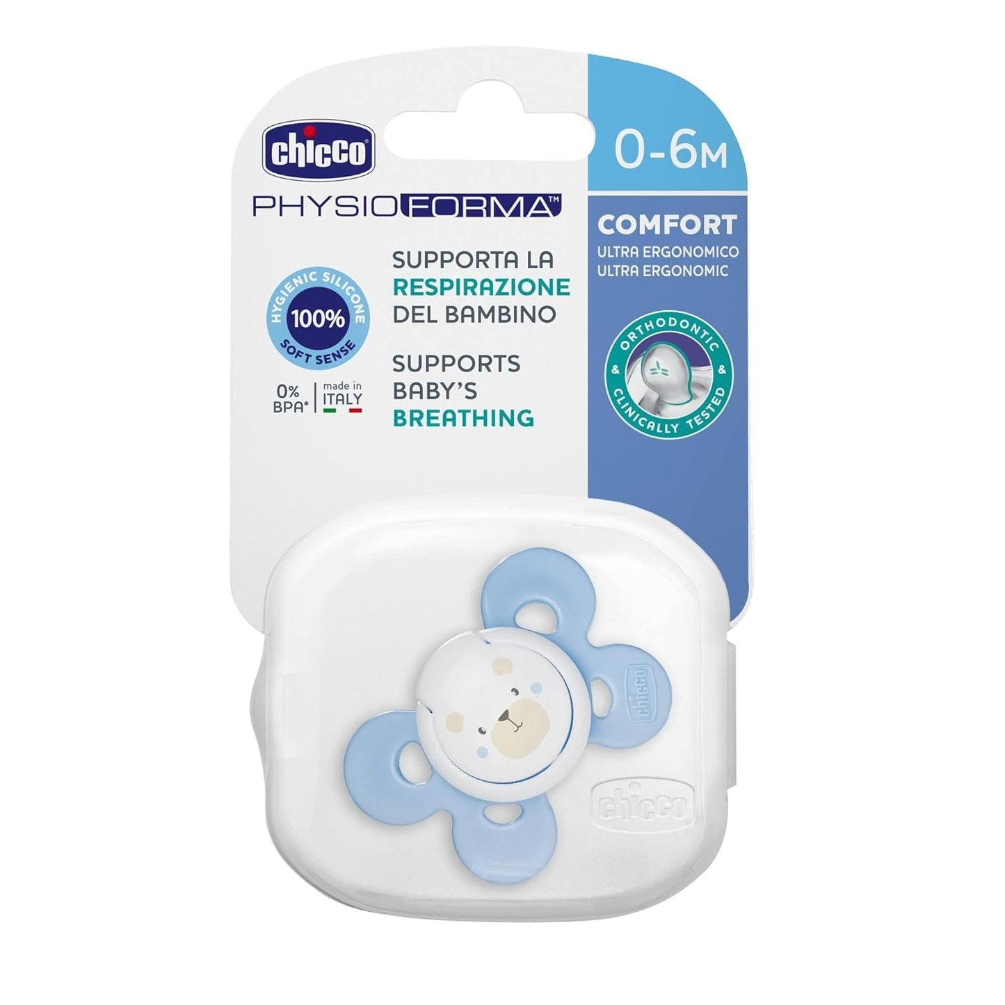 Chicco PhysioForma Comfort-fopspeen 16-36 maanden, babyfopspeen met siliconen speen, 1 stuk, ondersteunt fysiologische ademhaling en correcte orale ontwikkeling, blauw