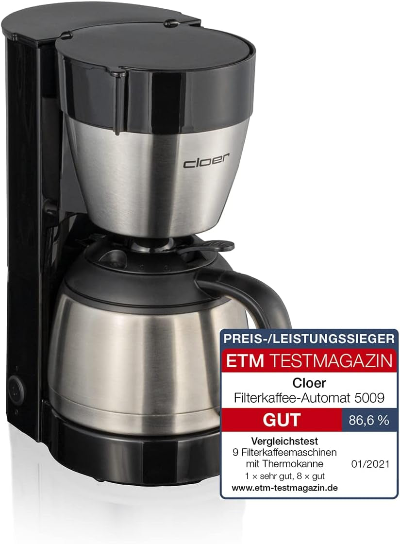 Cloer 5009 warmhoudfilter-espressomachine voor maximaal 8 kopjes 800W met geïsoleerde roestvrijstalen karaf 1x4 filterbeker zwart