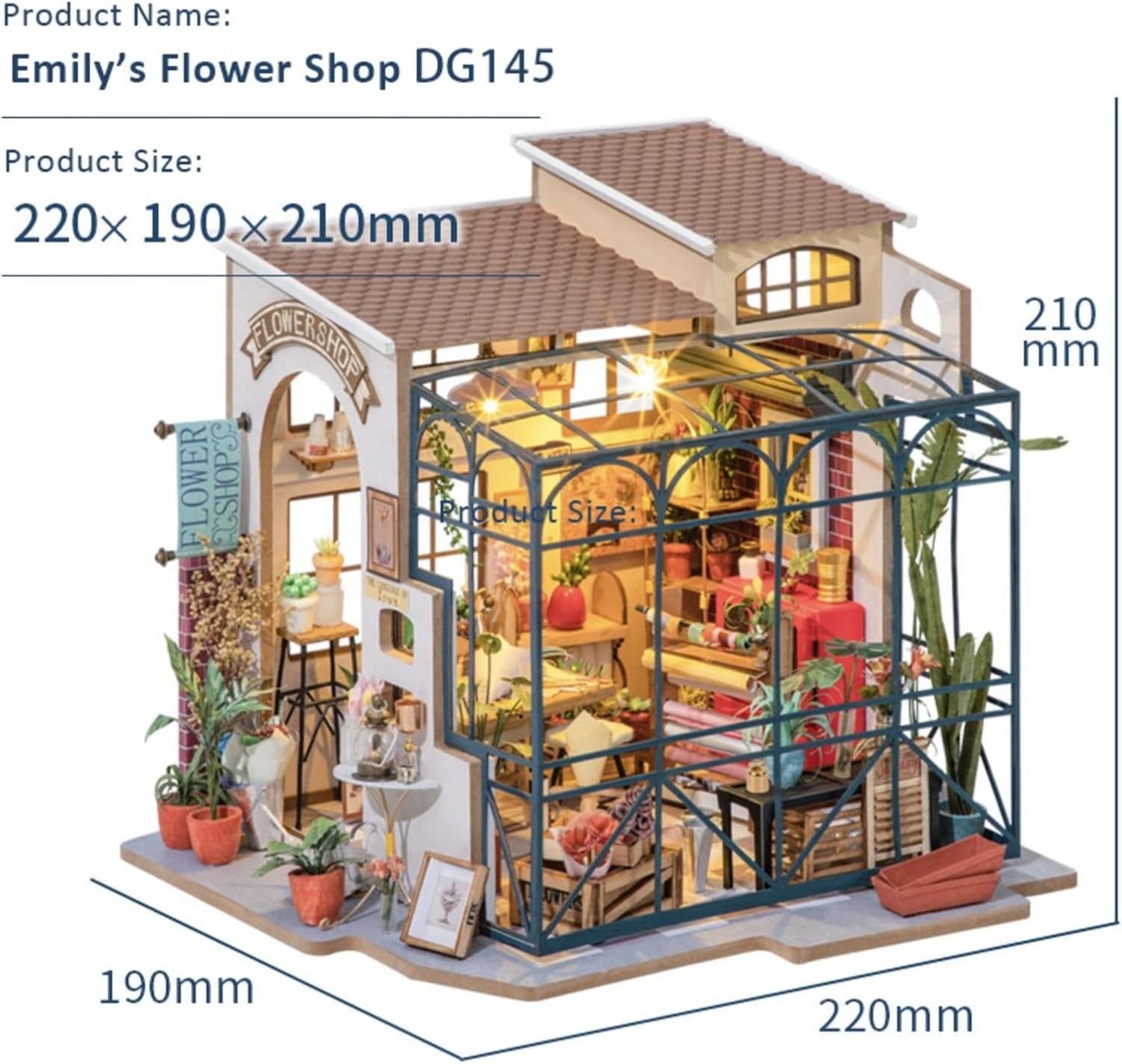 Robotime DG145 Rolife Emily's Flower Shop miniatuur poppenhuis Gemaakt van hout, metaal, stof en karton, afmetingen: 22 x 15 x 17 cm, Naty Shop poppenhuizen