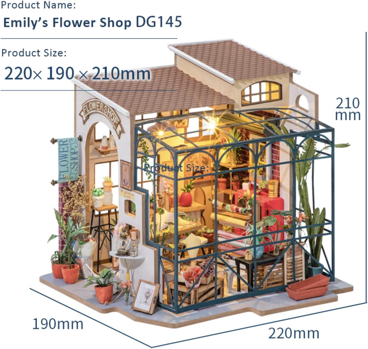 Robotime DG145 Rolife Emily's Flower Shop miniatuur poppenhuis Gemaakt van hout, metaal, stof en karton, afmetingen: 22 x 15 x 17 cm, Naty Shop poppenhuizen