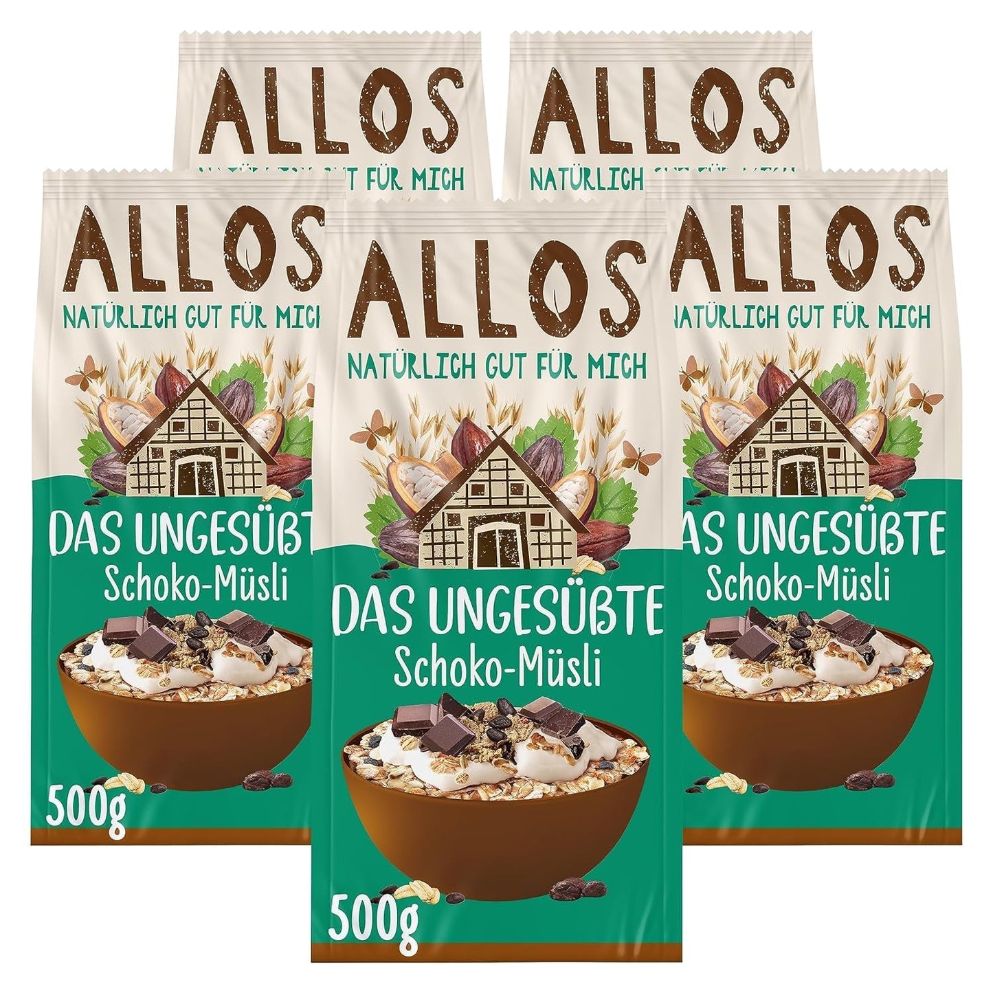 Allos ongezoete eiwitmuesli | Biologische Muesli | Havermout | Ontbijtgranen | Veganistisch (5 x 450 g), 1 stuk (pak van 5)