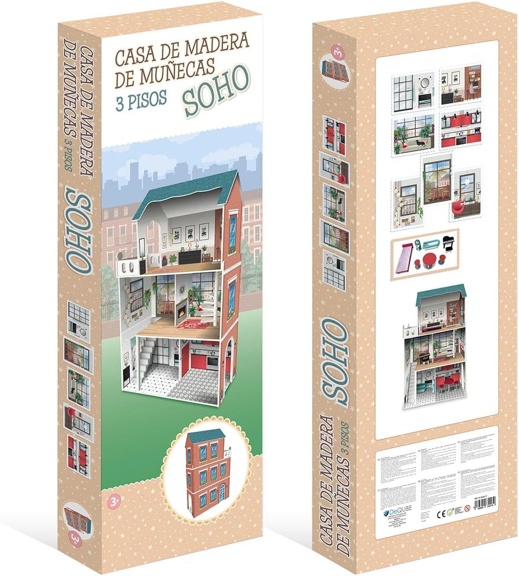 Soho-Madera design poppenhuis van 3 verdiepingen met 8 meubelstukken, afmetingen 120 x 33 x 75 cm (913D00181)