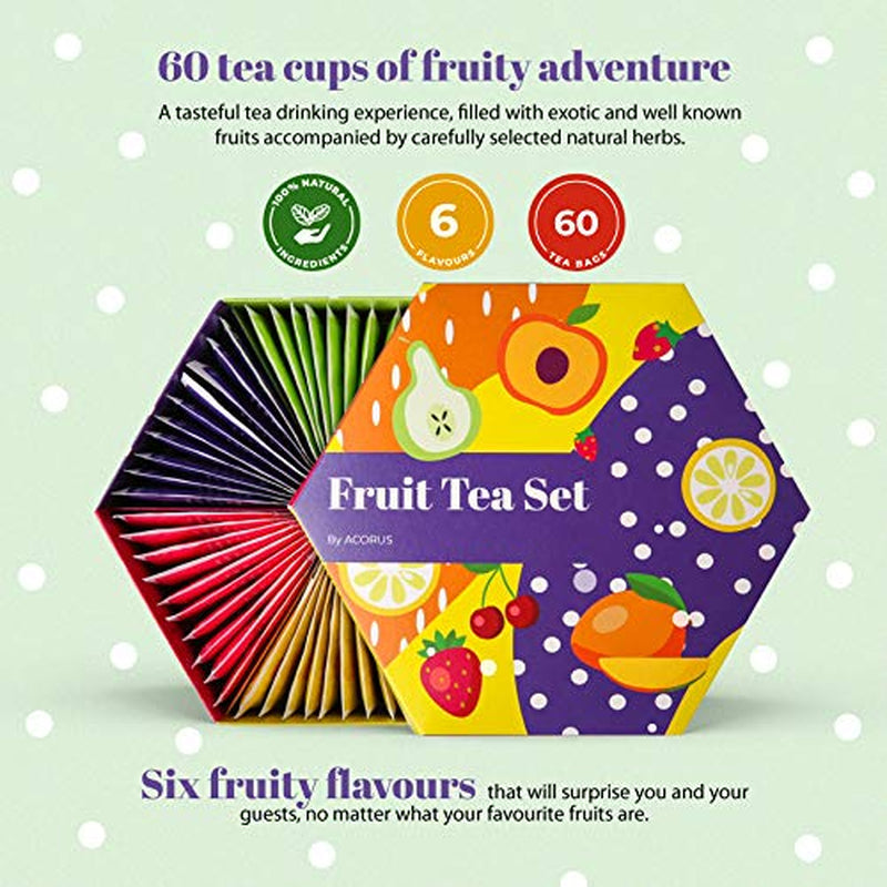 ACORUS | Luxe fruittheeservies | Cadeauset met natuurlijke theeën in 6 smaken | Kruidenthee, vruchtenthee | Assortiment thee | Theedoos met 60 theezakjes
