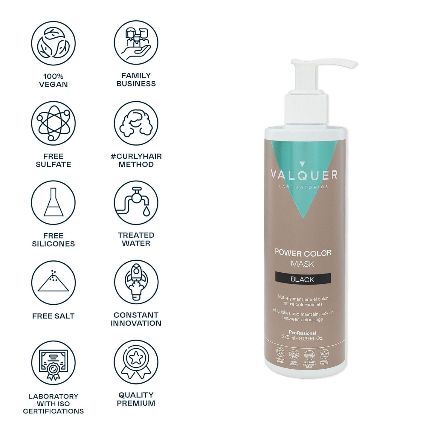 Valquer Power Color Mask veganistische en siliconenvrije formule Geeft haarkleuring 290 ml zwart Haarmasker Naty Shop