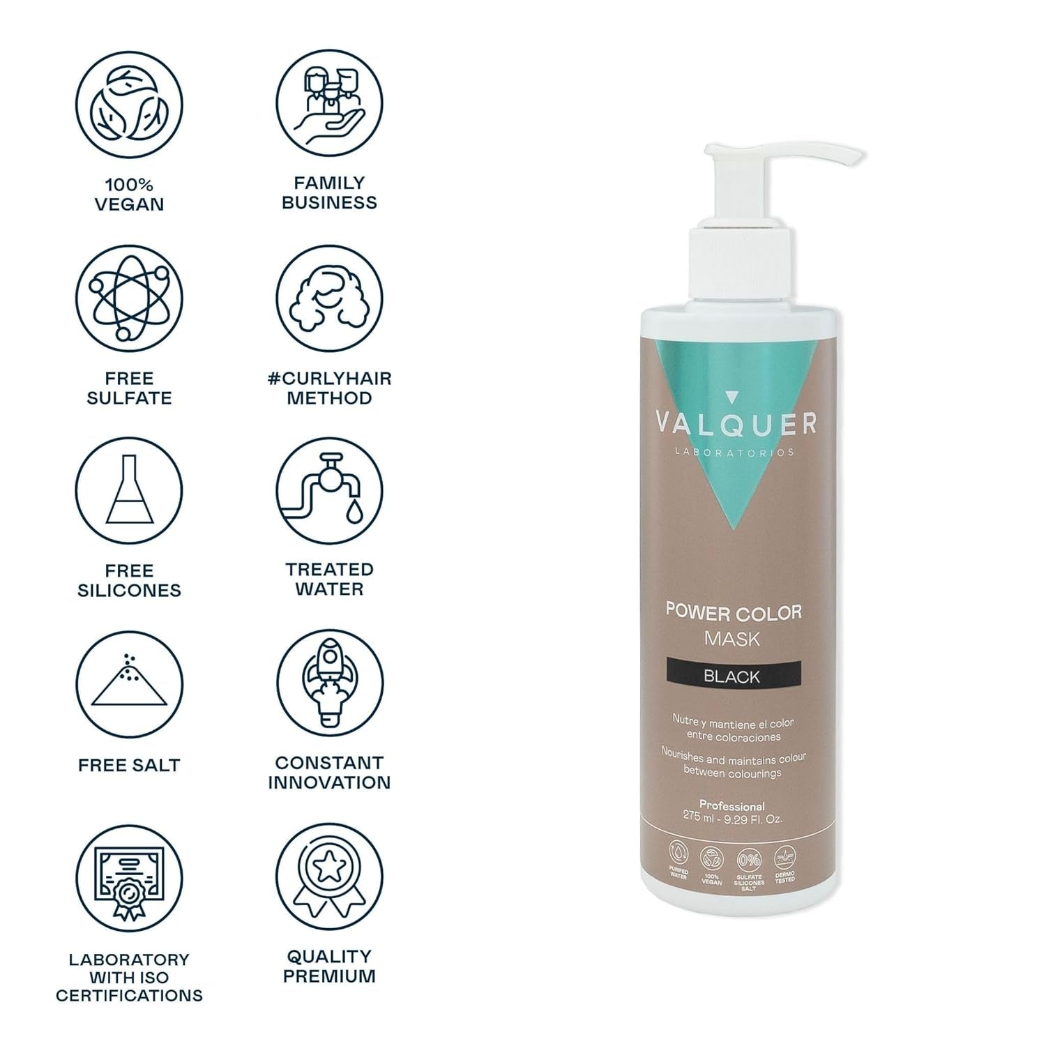 Valquer Power Color Mask veganistische en siliconenvrije formule Geeft haarkleuring 290 ml zwart Haarmasker Naty Shop
