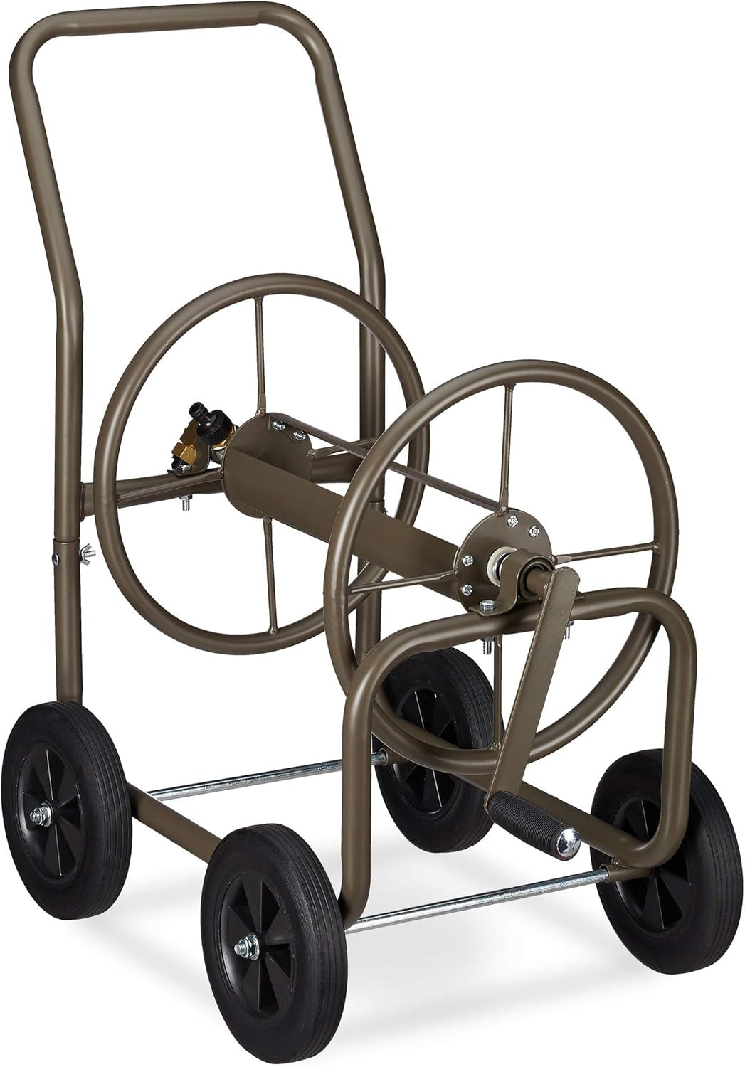 Relaxdays XL slangenwagen, mobiele slanghaspel, metaal, voor 60 m slang, 4 wielen, met slinger, 90° rol, bruin