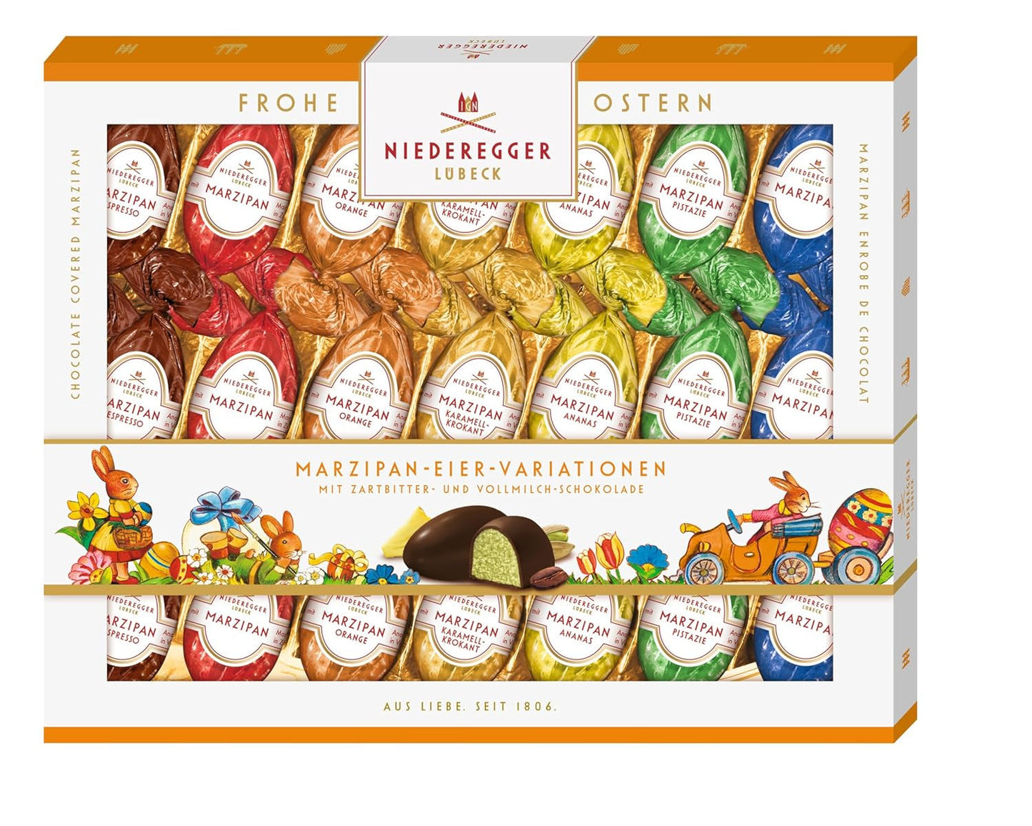 Niederegger | Marsepeinen eieren | 1 x 262 g | Varianten: Klassiek, Melkchocolade, Sinaasappel, Caramel Crunch, Ananas, Espresso en Pistache | Omhuld met pure en melkchocolade | Paascadeau