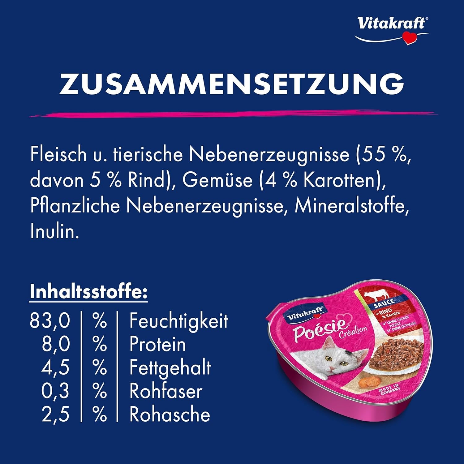 Vitakraft Poésie Création, nat kattenvoer, natvoer in saus, met rundvlees en wortel, grootverpakking, zonder toegevoegde suiker of granen (15 x 85 g)