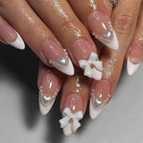 24pcs Witte Amandelpers op Franse nagels met strikken Parels Nepnagels Lijm op valse nageltips Glitternagels
